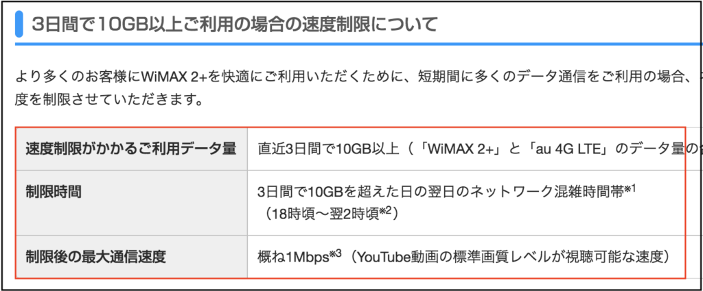 WIMAXの3日10GB制限について