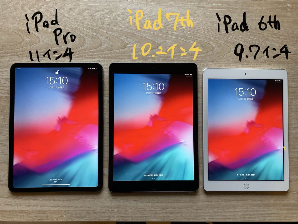 iPadPro11、iPad10.2、iPad9.7の比較