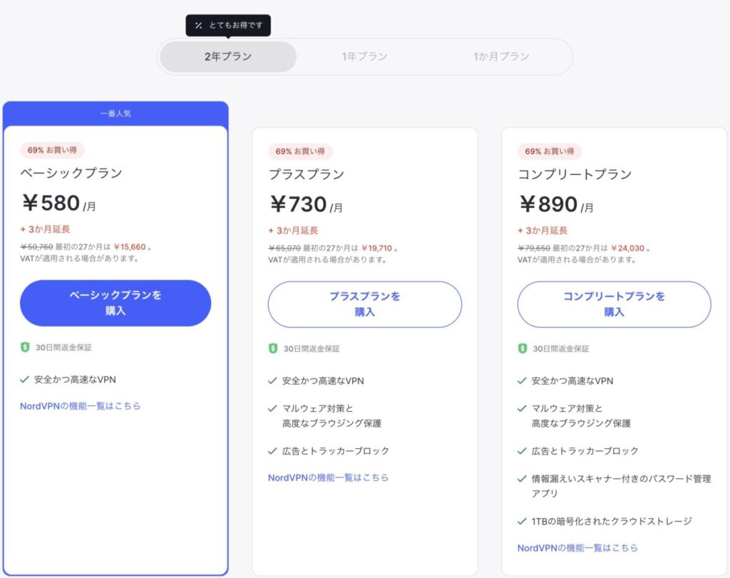 NordVPNは2年プランなら月580円で使えて安い