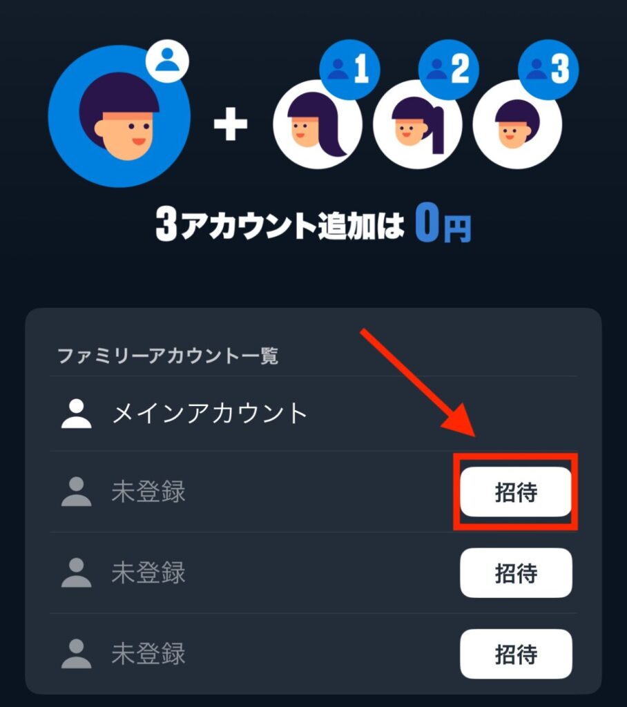 ファミリーアカウント一覧の「招待」を押す